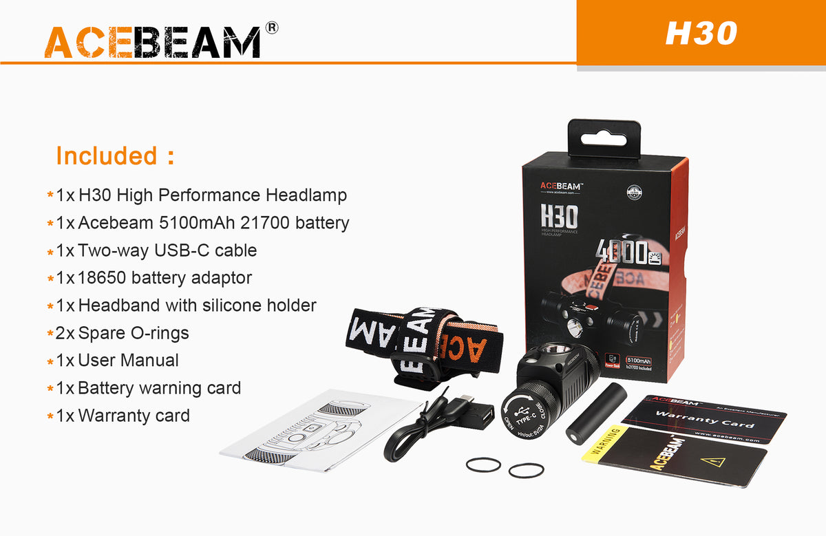 AceBeam H30 Höfuðljós (með hvítum, rauðum og grænum geisla)