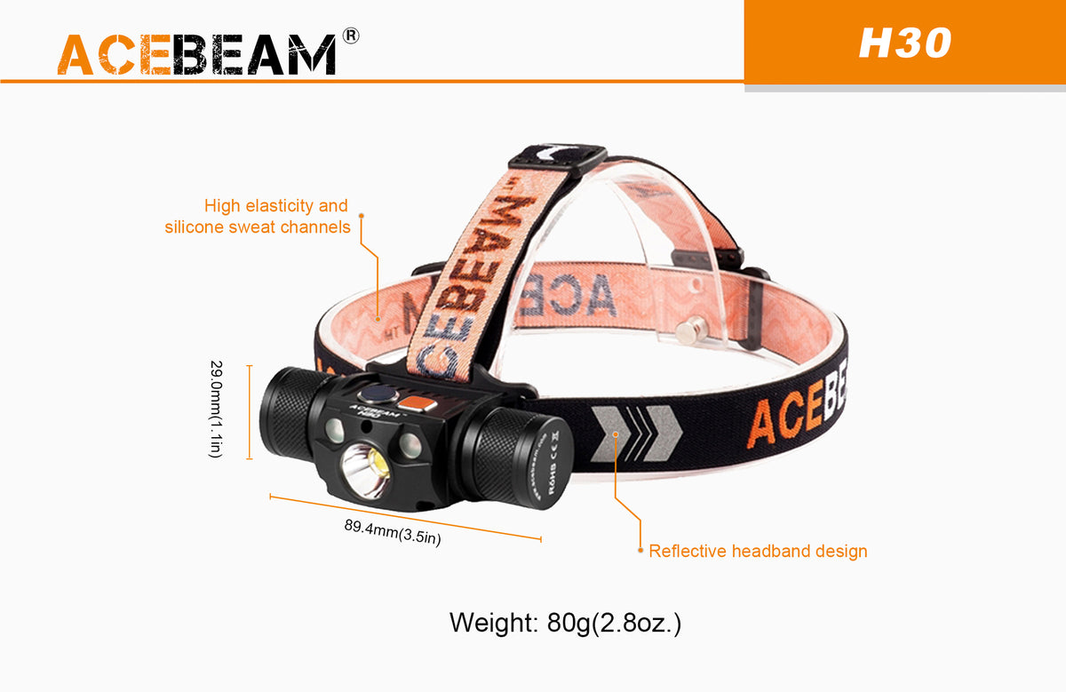 AceBeam H30 Höfuðljós (með hvítum, rauðum og grænum geisla)